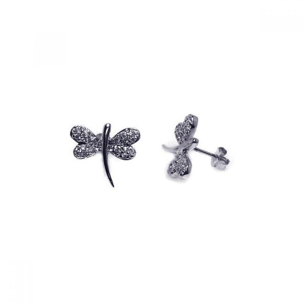 925 Silver Rhodium Plated CZ Dragonfly Stud Earrings