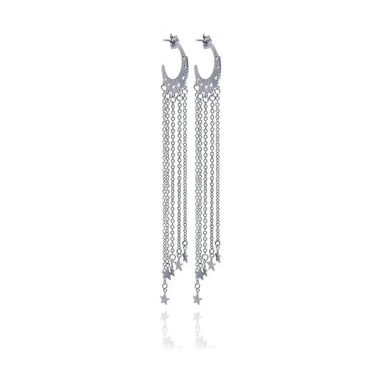 925 Sterling Silver Clearance Rhodium Plated Heart Cut out Moon Shape Wire Dangling Star Earrings