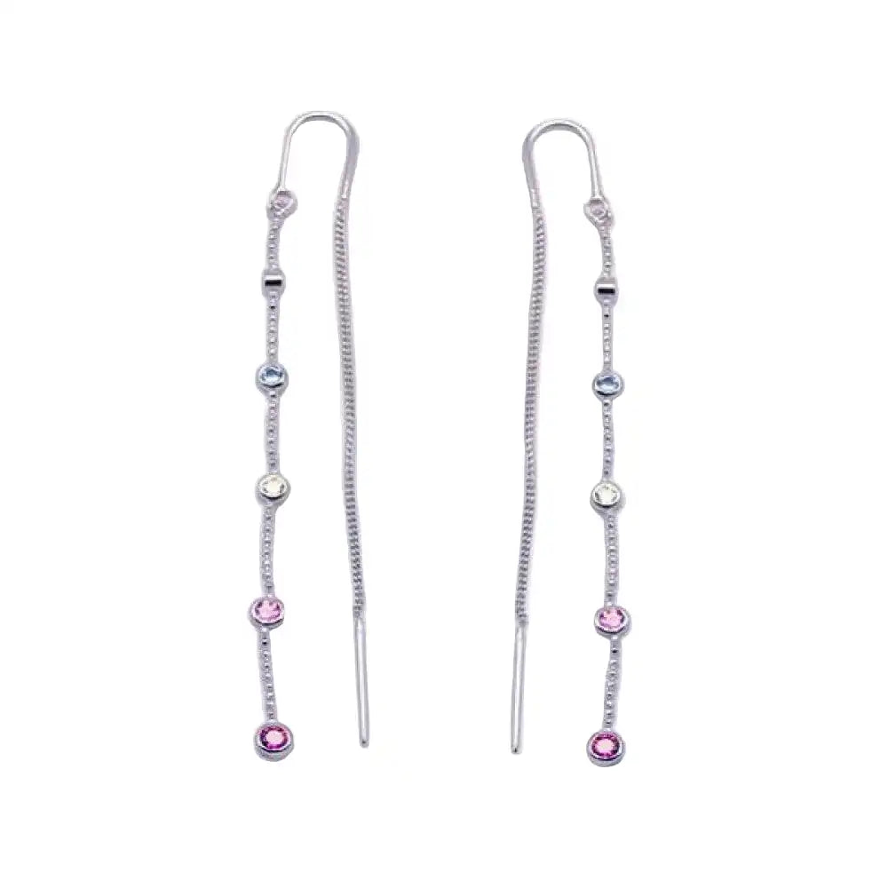 925 Sterling Silver Rhodium Plated Multicolor CZ Single Strand Dangling Threader Earrings