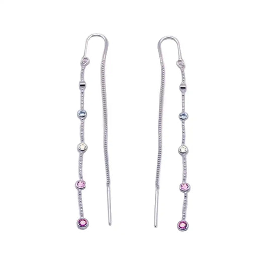 925 Sterling Silver Rhodium Plated Multicolor CZ Single Strand Dangling Threader Earrings