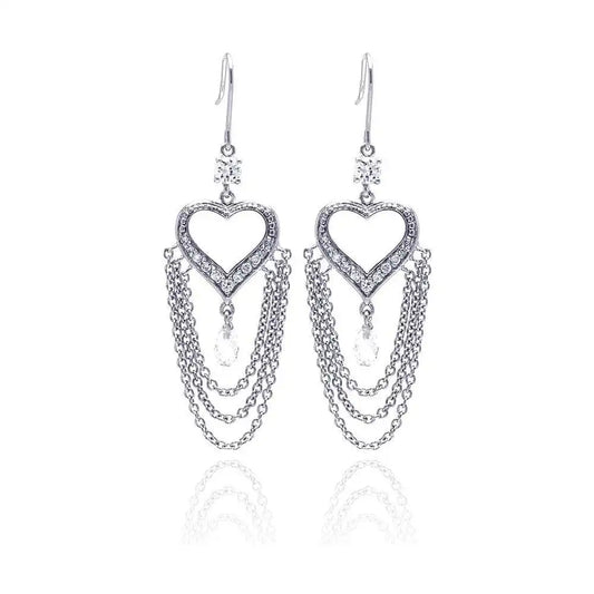 925 Sterling Silver Clearance Rhodium Plated Heart Shape Chandelier CZ Wire Dangling Hook Earrings