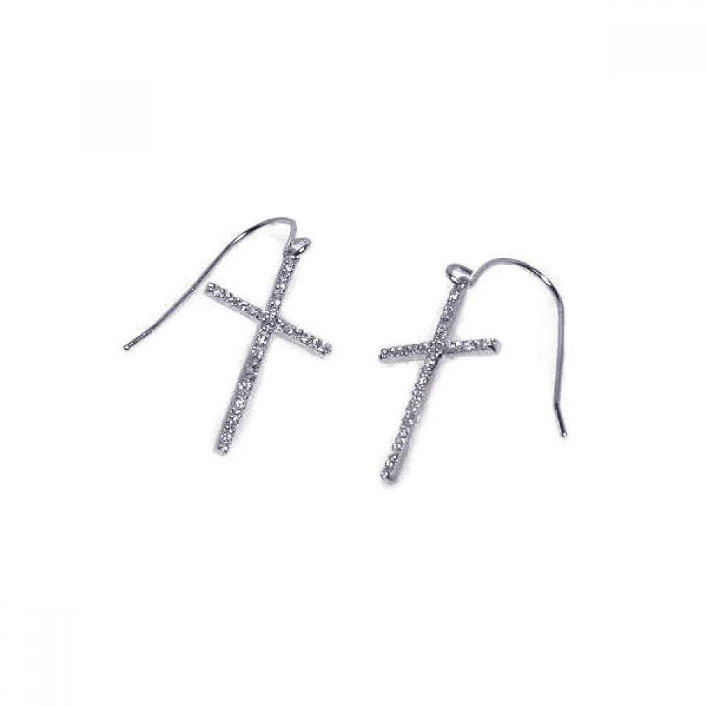 925 Silver Rhodium Plated Cross CZ Dangling Hook Earrings