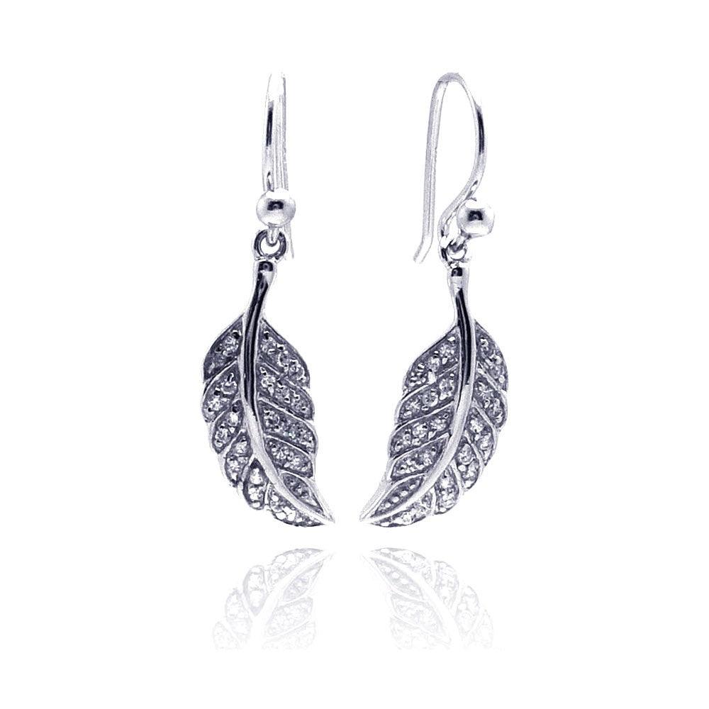 925 Silver Rhodium Plated Curvy Leaf CZ Dangling Hook Earrings
