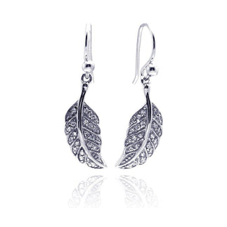925 Silver Rhodium Plated Curvy Leaf CZ Dangling Hook Earrings
