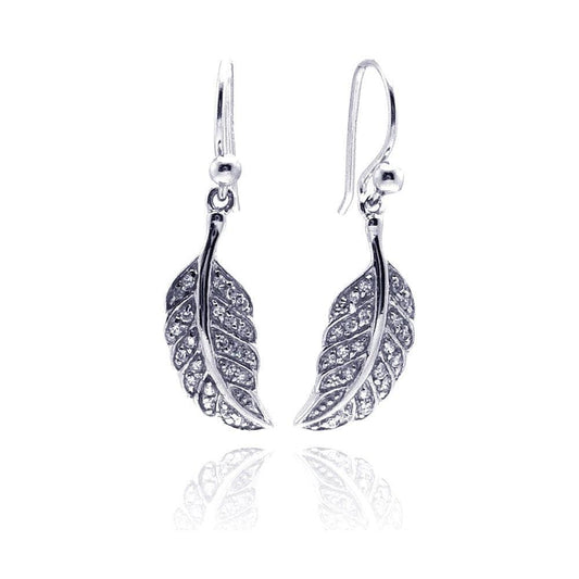 925 Silver Rhodium Plated Curvy Leaf CZ Dangling Hook Earrings