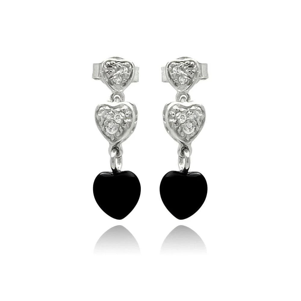 925 Silver Rhodium Plated Graduated Heart Round Clear CZ Black Onyx Dangling Stud Earrings