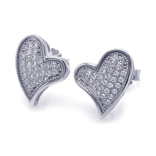 925 Sterling Silver Rhodium Plated Micro Pave Clear Curvy Heart CZ Stud Earrings