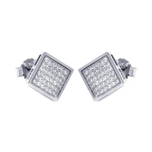 925 Sterling Silver Rhodium Plated Micro Pave Clear Square CZ Stud Earrings