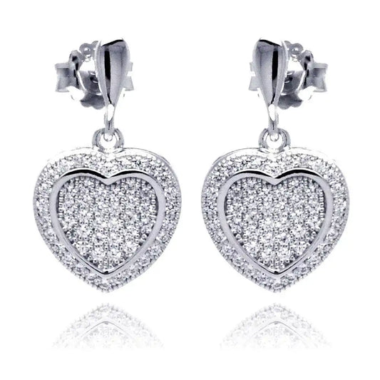 925 Sterling Silver Rhodium Plated Micro Pave Heart Clear CZ Dangling Stud Earrings