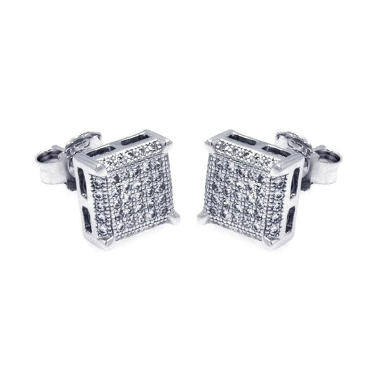 925 Sterling Silver Rhodium Plated Micro Pave Clear Square CZ Stud Earrings