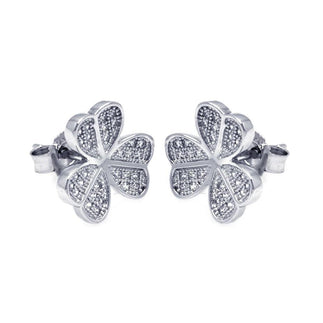 925 Silver Rhodium Plated Micro Pave Clear Clover CZ Stud Earrings