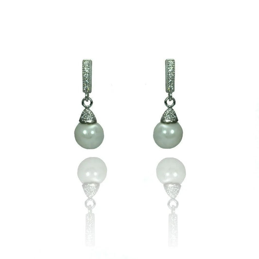 925 Silver Rhodium Plated Round Clear CZ Synthetic Pearl Dangling Stud Earrings