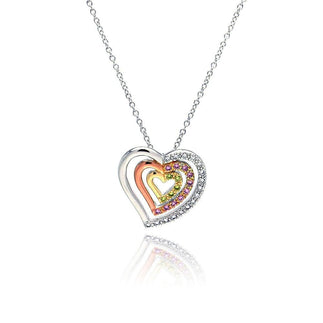 925 Silver Clearance-Clear Pink Yellow CZ Gold Rose Gold and Rhodium Plated 3 Graduated Heart Pendant Necklace