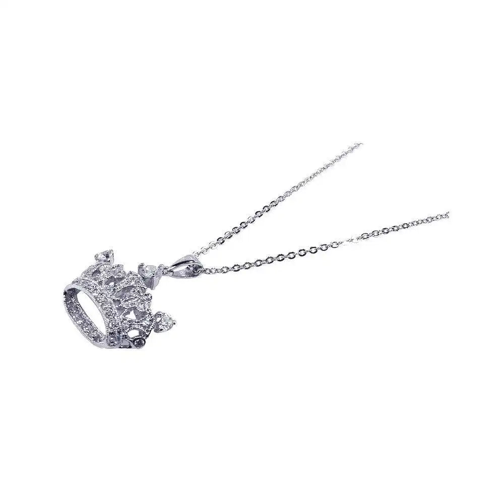 925 Sterling Silver Clear CZ Rhodium Plated Crown Pendant Necklace