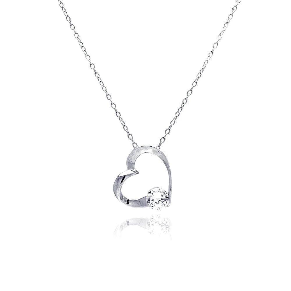 925 Silver Clear CZ Rhodium Plated Heart Pendant Necklace