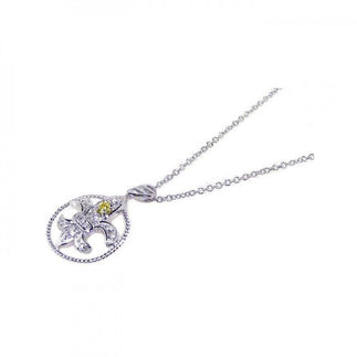 925 Silver Clearance-Yellow Clear CZ Rhodium Plated Fleur Di Lis Pendant Necklace