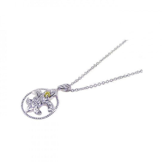 925 Silver Clearance-Yellow Clear CZ Rhodium Plated Fleur Di Lis Pendant Necklace