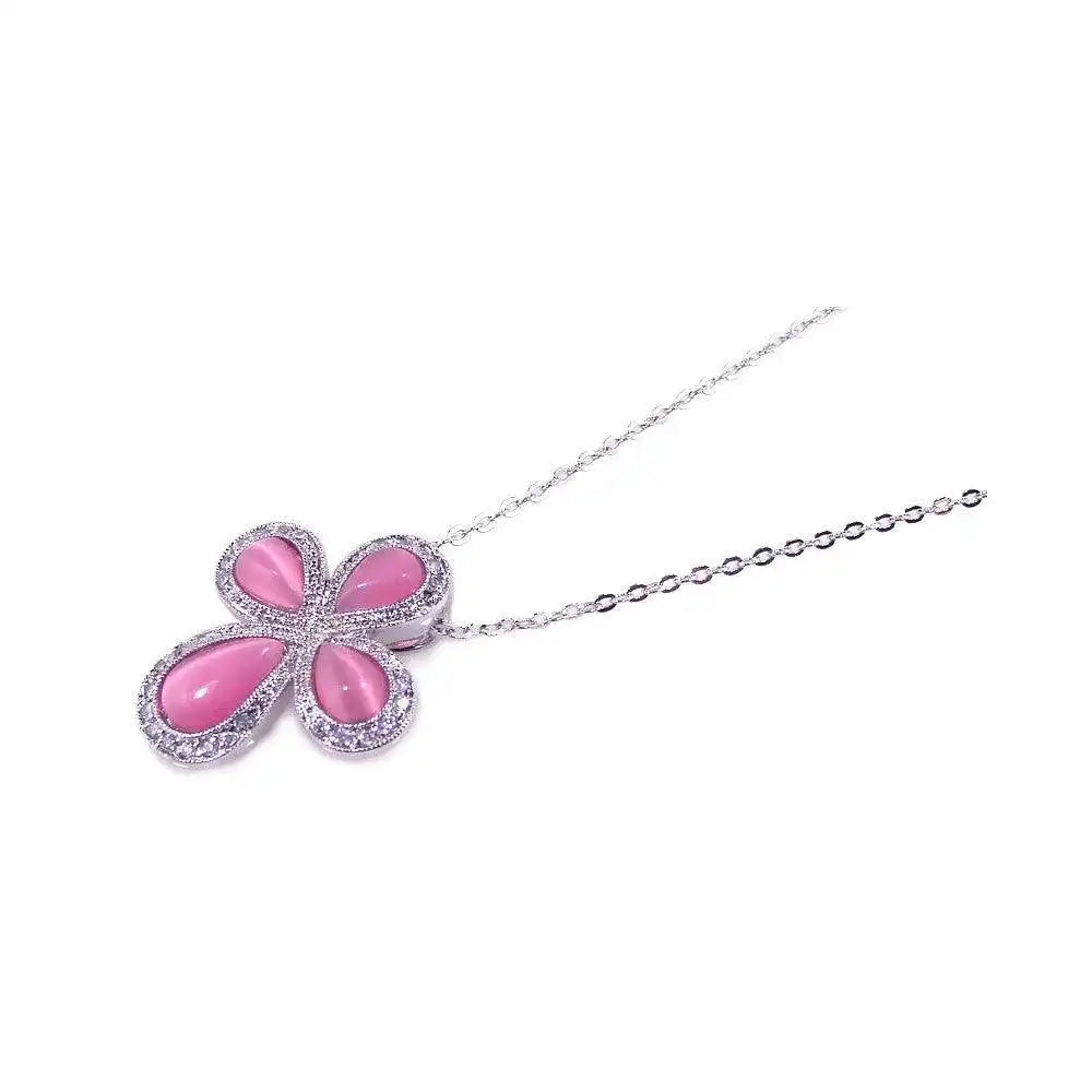 925 Sterling Silver Clearance Clear CZ Pink Cat Eye Rhodium Plated Cross Pendant Necklace