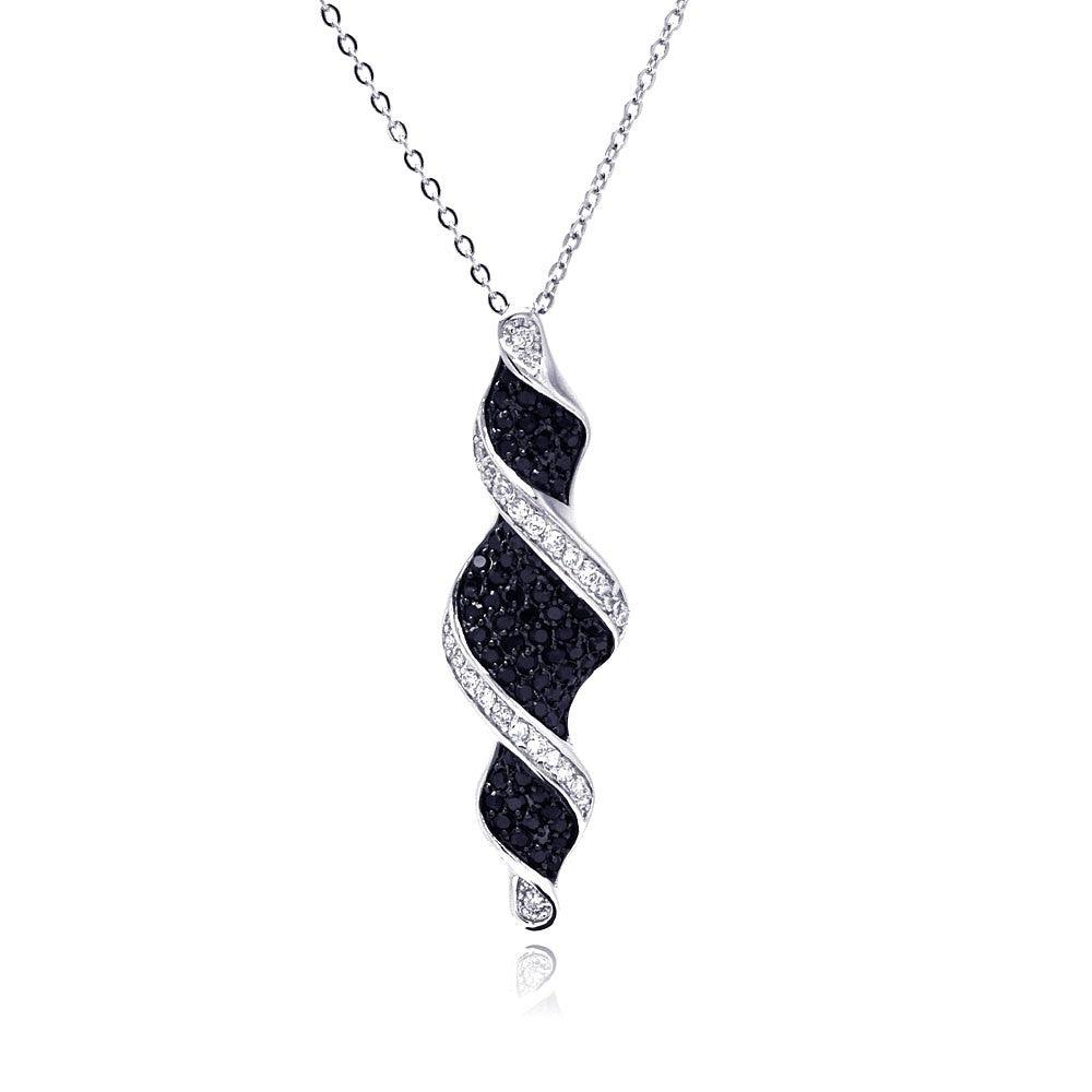925 Silver Clearance-Black and Clear CZ Black and Rhodium Plated Twist Drop Pendant Necklace