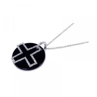925 Silver Clearance Clear CZ and Onyx Rhodium Plated Cross Pendant Necklace
