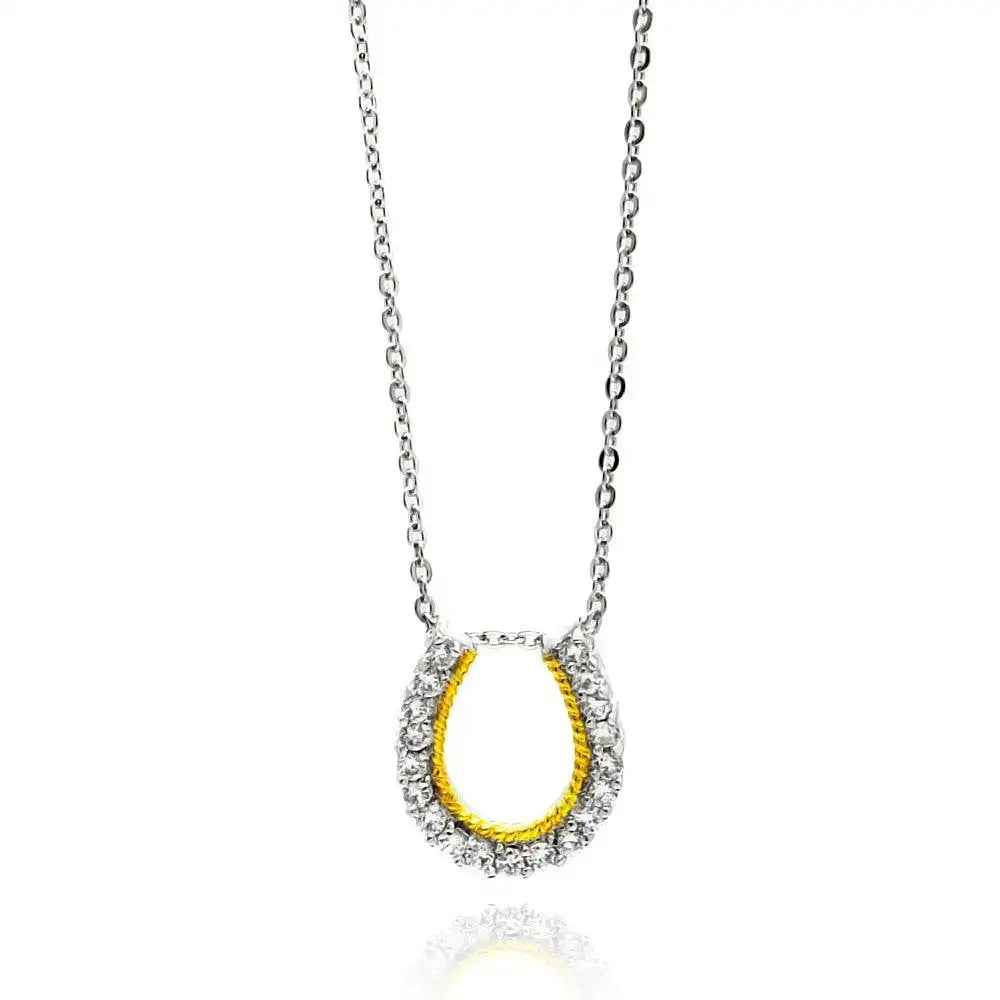 925 Sterling Silver Clear CZ Gold Plated Horse Shoe Pendant Necklace