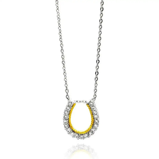 925 Sterling Silver Clear CZ Gold Plated Horse Shoe Pendant Necklace