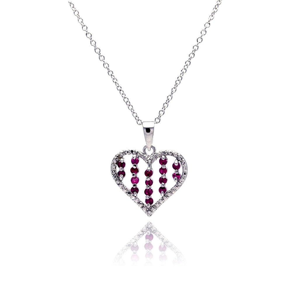 925 Silver Clearance - Red CZ Rhodium Plated Heart Pendant Necklace