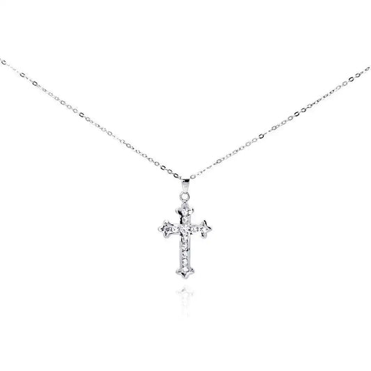 925 Sterling Silver Clear CZ Rhodium Plated Cross Pendant Necklace