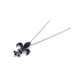 925 Silver Black and Rhodium Plated Fleur De Lis CZ Necklace