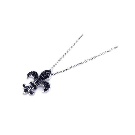 925 Silver Black and Rhodium Plated Fleur De Lis CZ Necklace