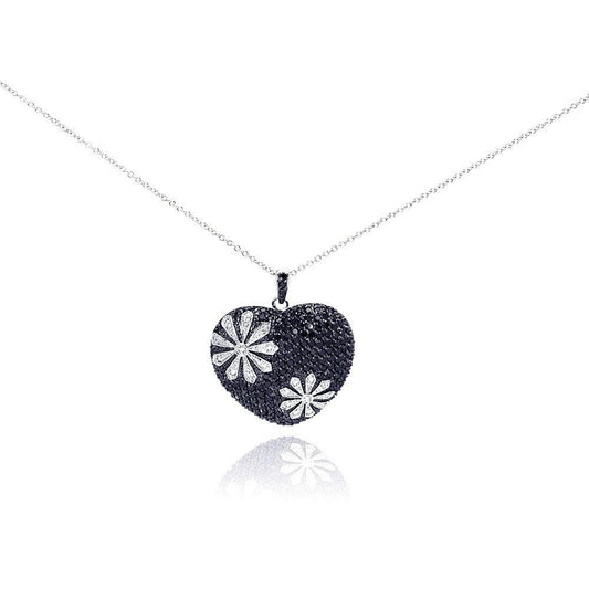 925 Sterling Silver Clearance Black and Rhodium Plated Flower Design Black Heart CZ Necklace