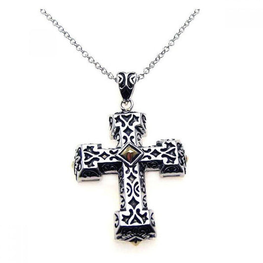 925 Silver Rhodium Cross Small Center Square CZ Necklace