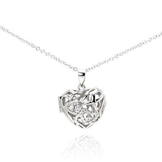 925 Silver Rhodium Heart Locket CZ Necklace