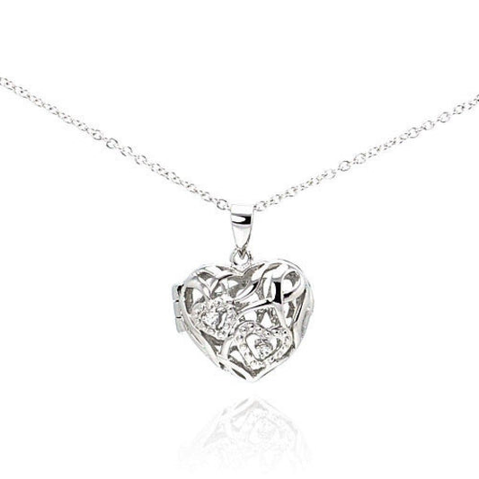 925 Silver Rhodium Heart Locket CZ Necklace
