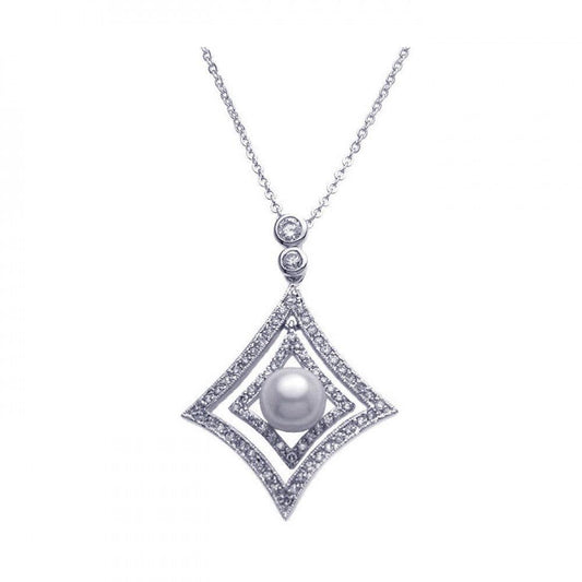 925 Silver Clearance-Rhodium Plated Open Square CZ Center Pearl Necklace