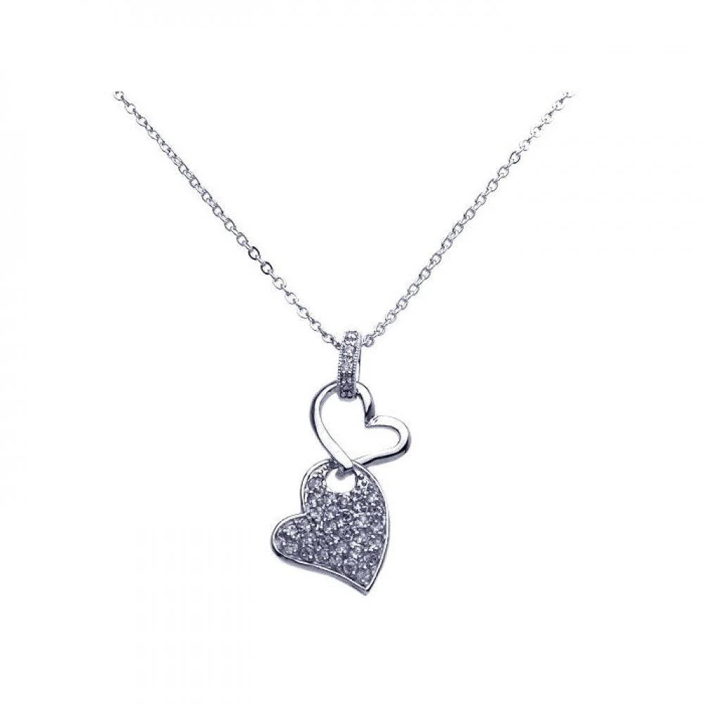 925 Silver Rhodium Plated Double Dangling Heart Clear CZ Pave Pendant Necklace