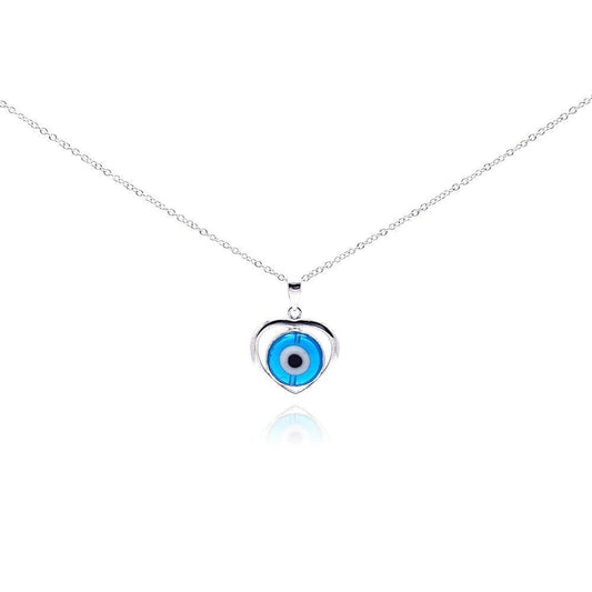 925 Silver Rhodium Plated Open Heart Evil Eye CZ Necklace