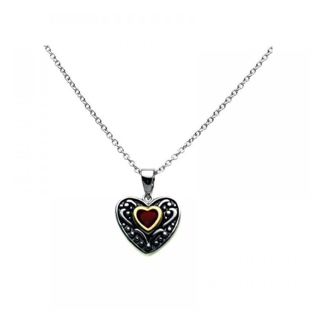 925 Silver Clearance-Oxidized Rhodium Red Heart CZ Inlay Necklace