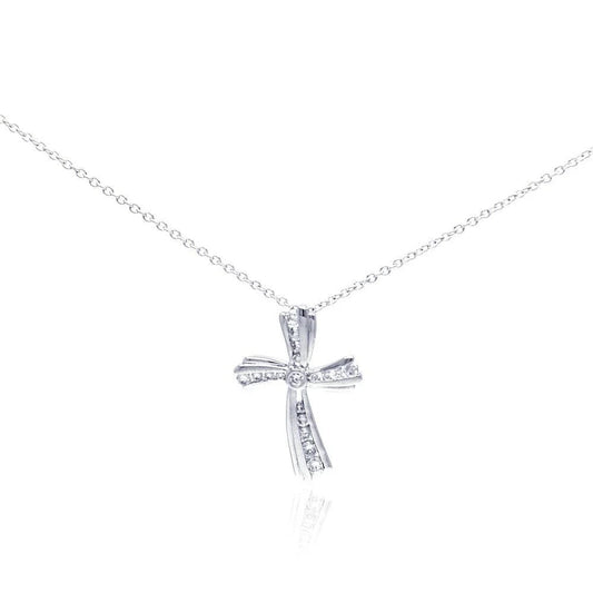 925 Silver Clearance - Rhodium Plated Curvy Cross CZ Necklace