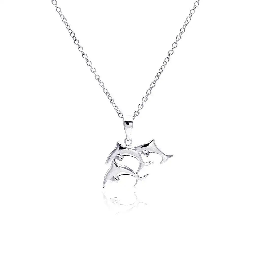 925 Sterling Silver Rhodium Plated Three Dolphin Necklace