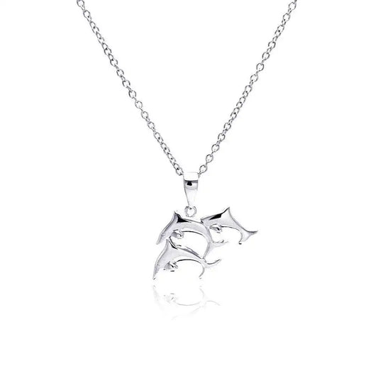 925 Sterling Silver Rhodium Plated Three Dolphin Necklace