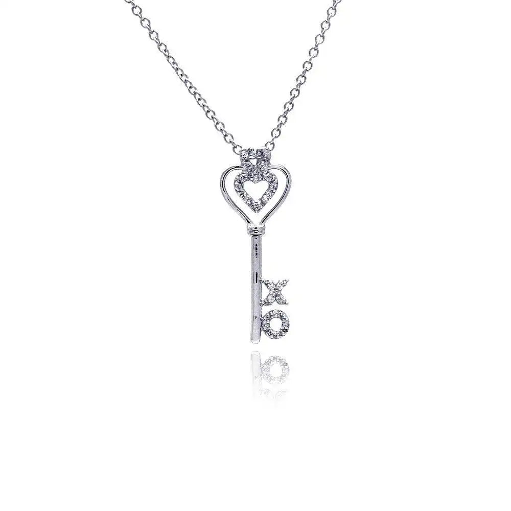 925 Sterling Silver Rhodium Plated X O Open Heart CZ Necklace