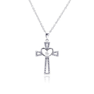 925 Silver Rhodium Plated Heart Open Cross CZ Necklace