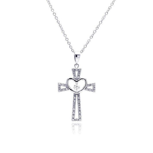 925 Silver Rhodium Plated Heart Open Cross CZ Necklace