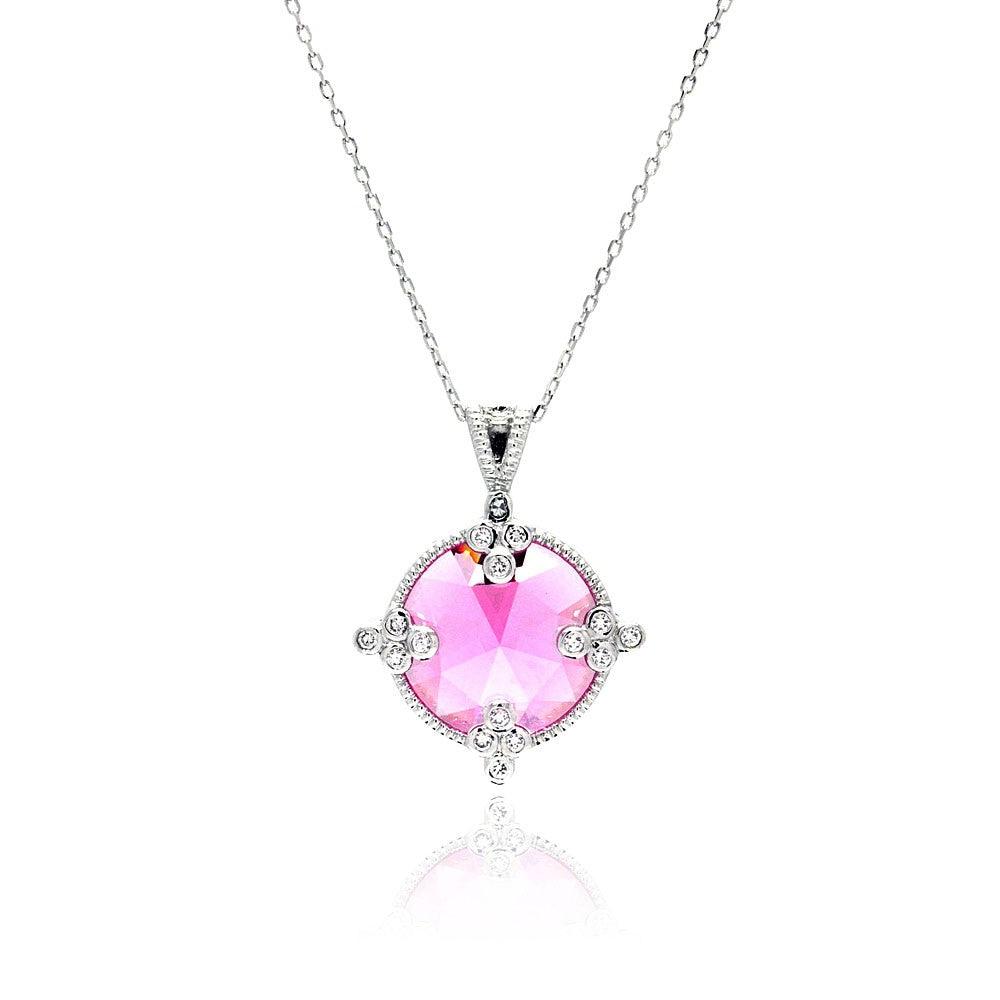 925 Silver Rhodium Plated Pink Round CZ Necklace