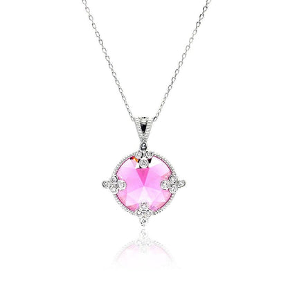925 Silver Rhodium Plated Pink Round CZ Necklace