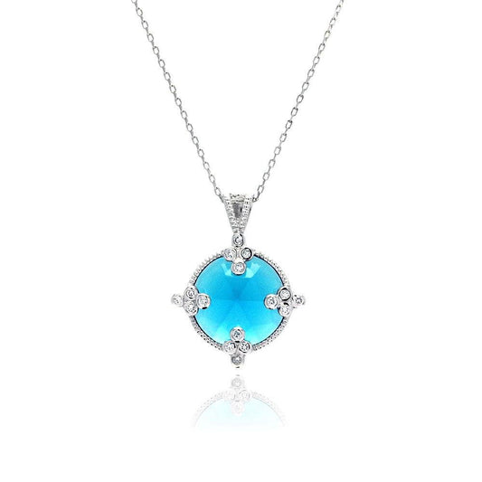 925 Silver Rhodium Plated Round Blue CZ Necklace