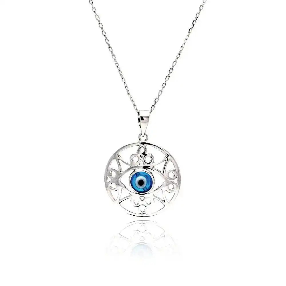 925 Sterling Silver Rhodium Plated Outline Disc Evil Eye CZ Necklace