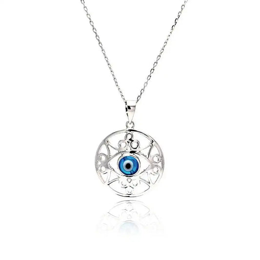 925 Sterling Silver Rhodium Plated Outline Disc Evil Eye CZ Necklace