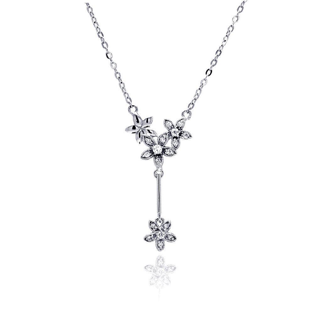 925 Silver Rhodium Plated Flower CZ Dangling Necklace